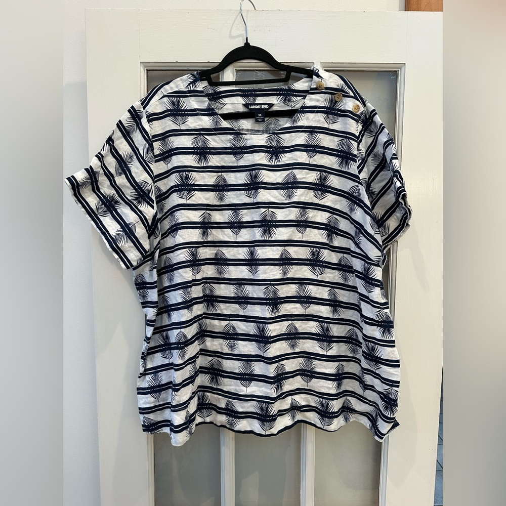 Lands’ End Tunis Plus Size 3X Blue 100% Linen Pullover Box Cut Short Sleeve Top